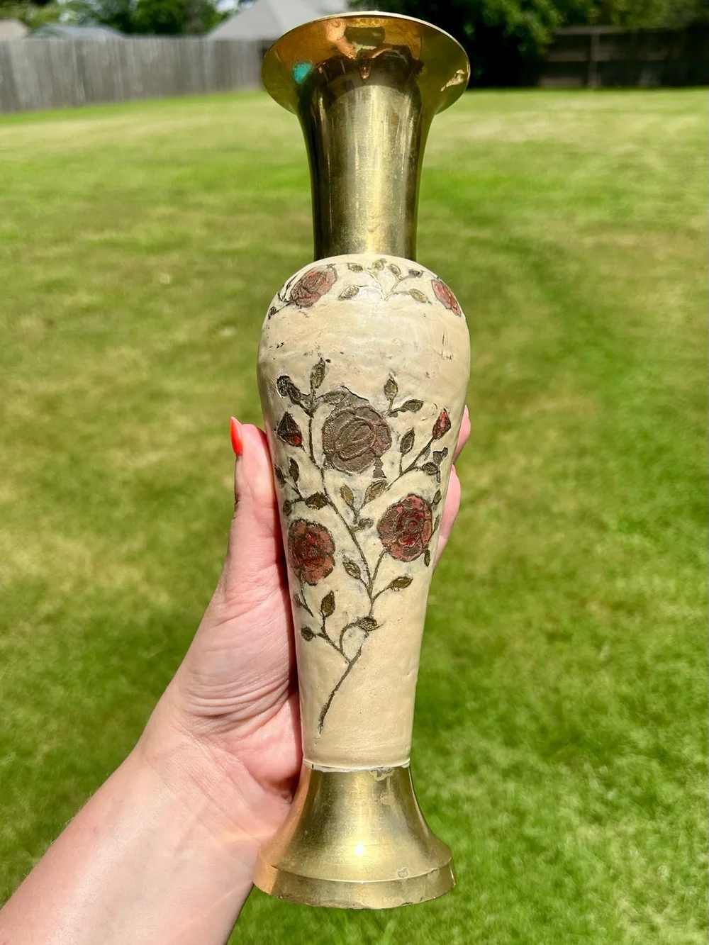 Vintage Enameled Brass Rose Bud Vase 70s India Cloisonne Style - Picture 5 of 12